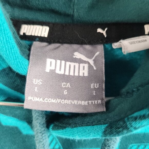 Puma Hoodie Men's Large Blue Allover Graphic Logo Pullover Fleece Sweatshirt - Picture 3 of 10